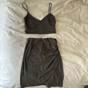 Olive green suede skirt and crop top set